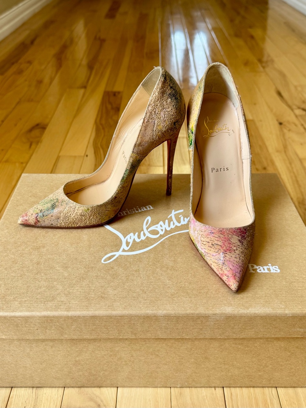 Christian Louboutin Multicolor Suede So Kate Pumps in Pink, Tan, Green